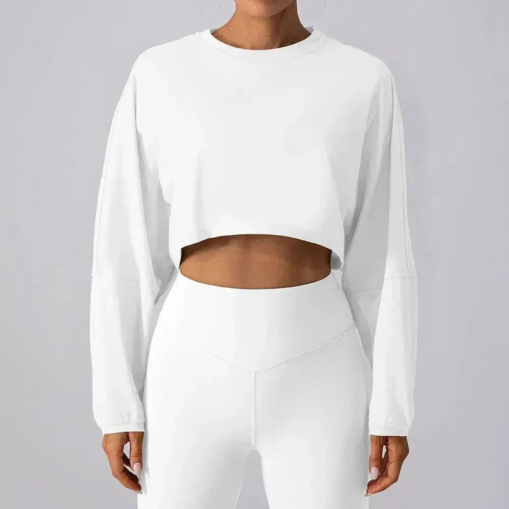 MunaWear  Women's Activewear  Mia – Oversized Long Sleeve Sport Crop Top in Breathable Fabric for Running & Active Wear  White-XL