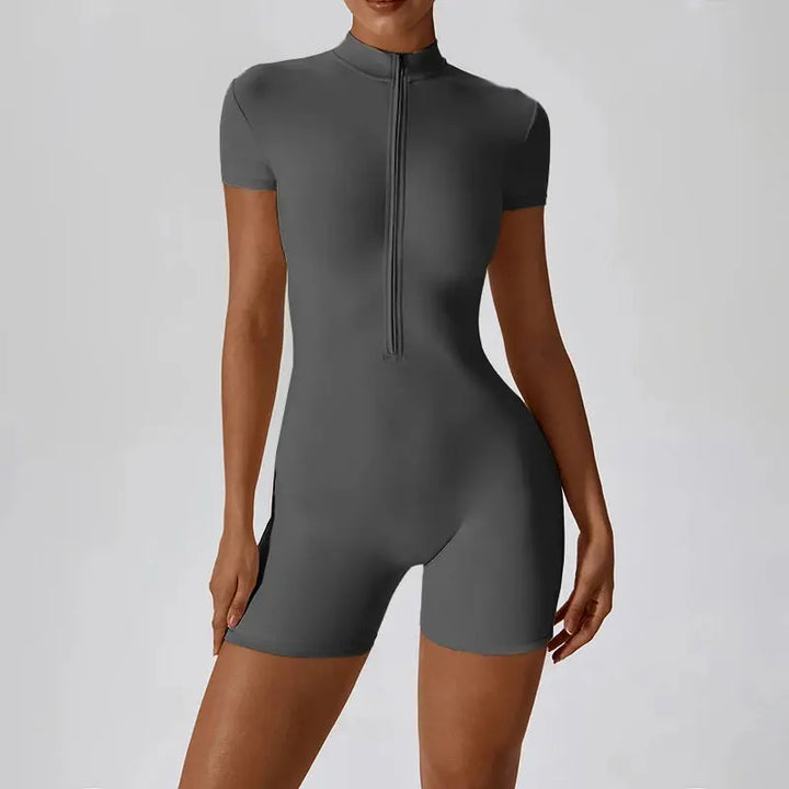 MunaWear - Women's Activewear - Mia – Summer Zipper Workout Jumpsuit for Women with High Elasticity & Comfort Fit, Sizes XS-L - Grey 1 / S