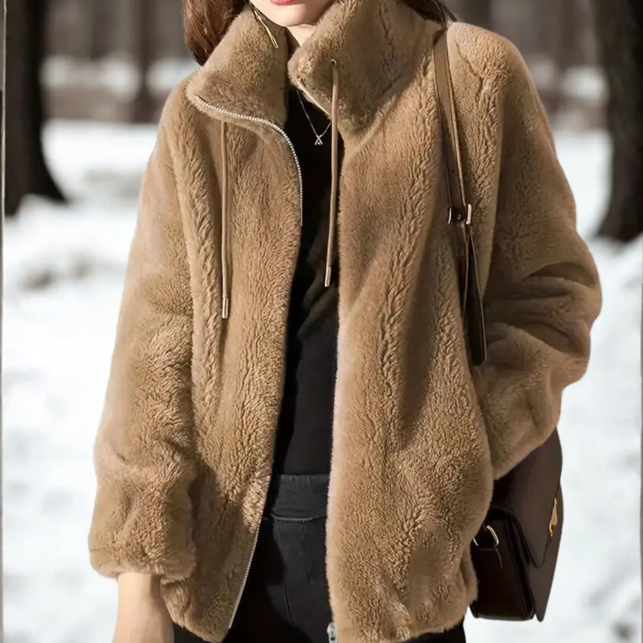 MunaWear - Women's Coats & Jackets - Adelle – Stylish Women's Teddy Coat With Adjustable Waist For Cozy Everyday Wear - Khaki