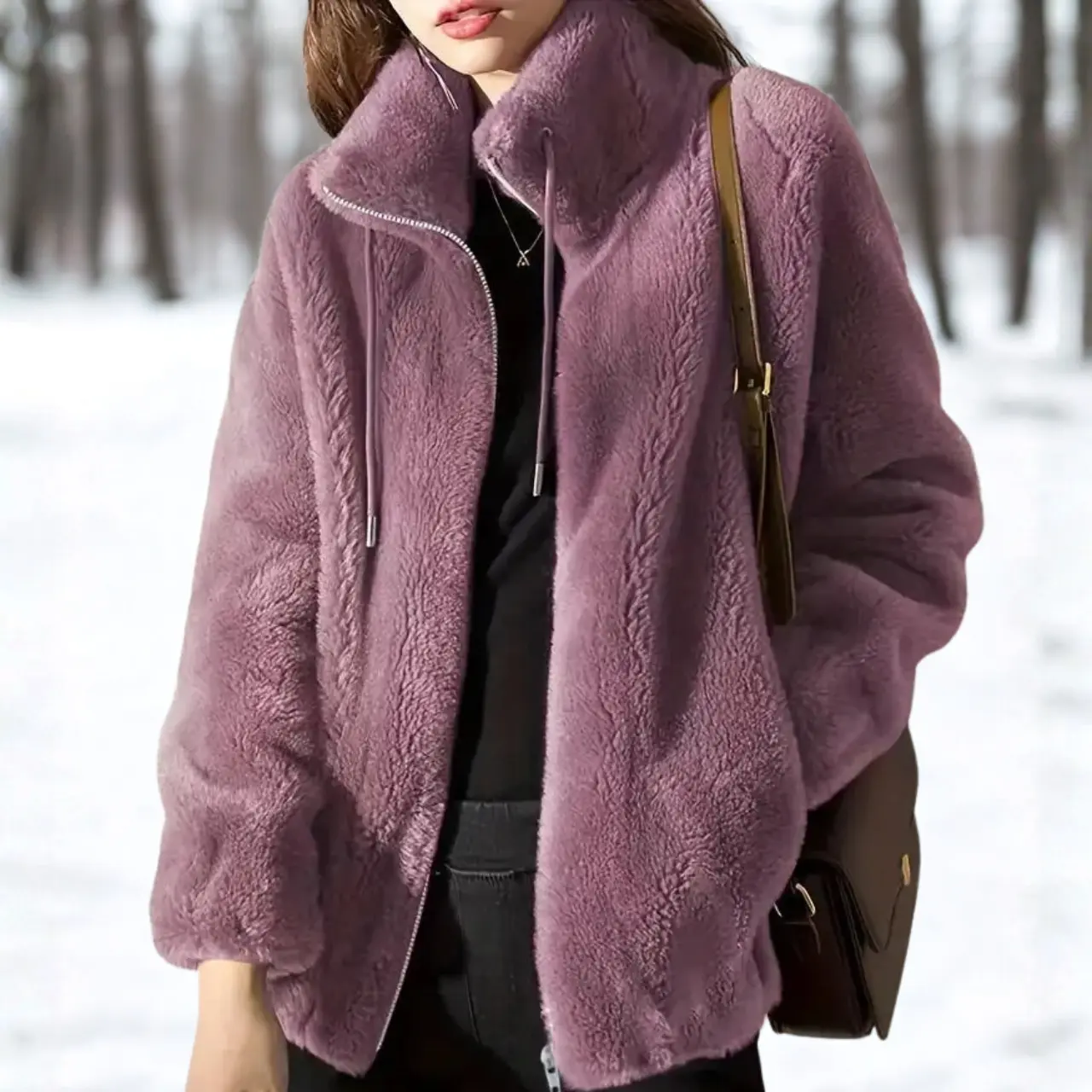 MunaWear - Women's Coats & Jackets - Adelle – Stylish Women's Teddy Coat With Adjustable Waist For Cozy Everyday Wear - Light Purple