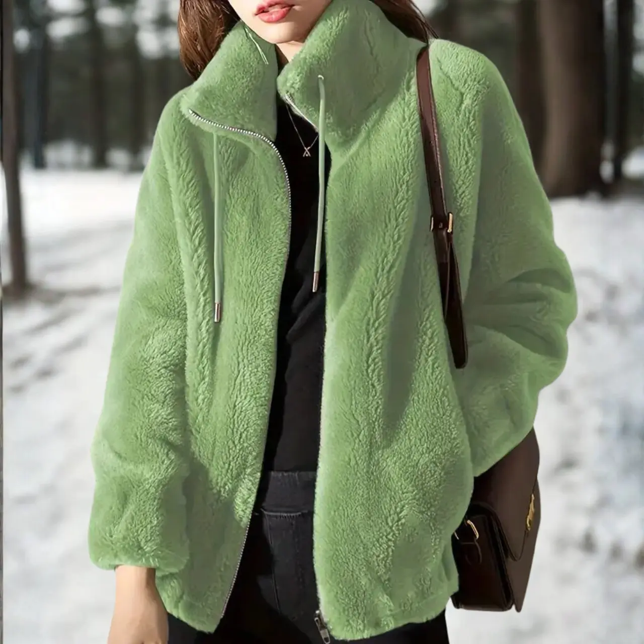MunaWear - Women's Coats & Jackets - Adelle – Stylish Women's Teddy Coat With Adjustable Waist For Cozy Everyday Wear - Green