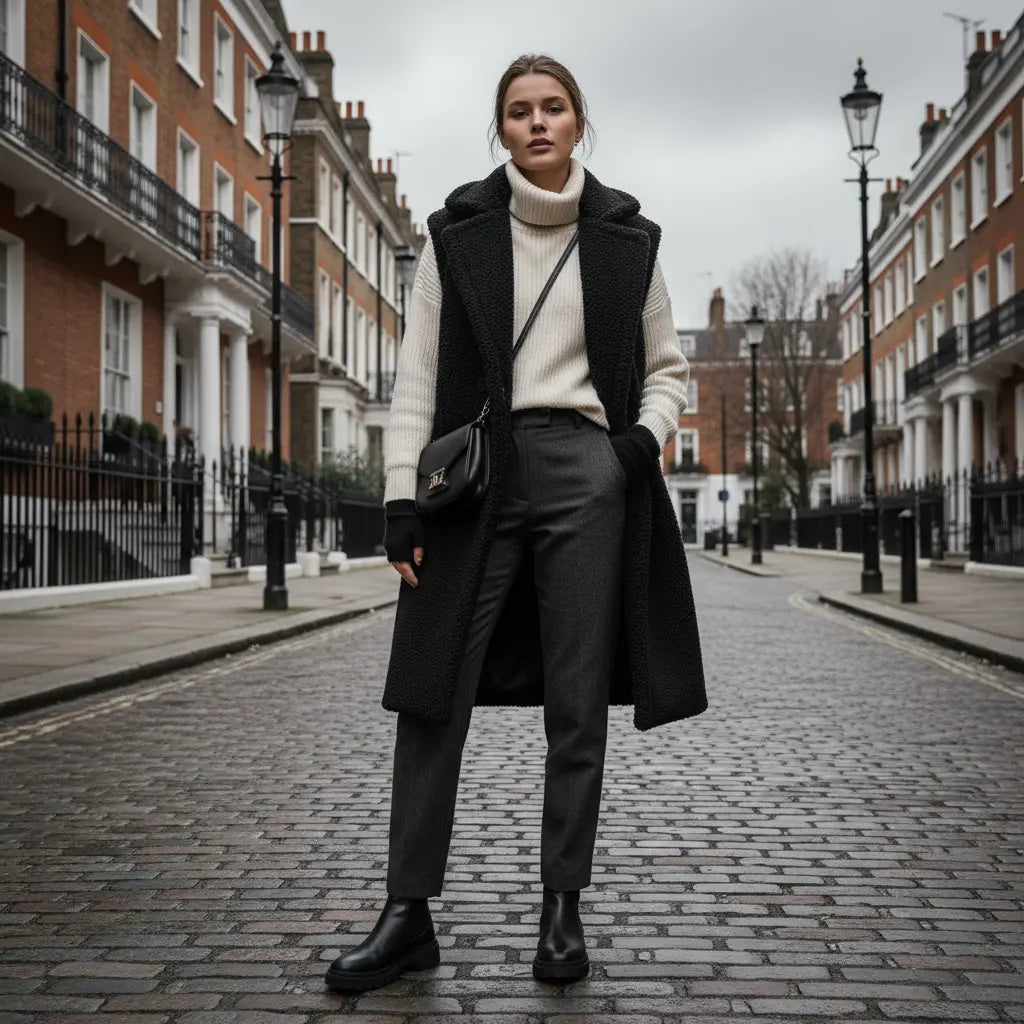 MunaWear - Women's Coats & Jackets - Eirra – Stylish Women's Teddy Coat With Sleeveless Design For Winter Layering - Black / 3XL