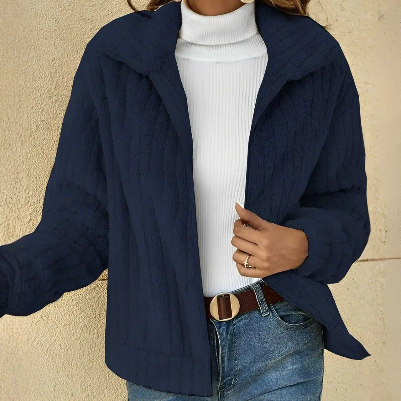 MunaWear - Women's Coats & Jackets - Eve – Cozy Women's Teddy Coat With Relaxed Fit For Autumn And Winter - Navy Blue / 2XL