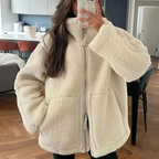 MunaWear - Women's Coats & Jackets - Kera – Elegant Women's Teddy Coat With Zipper For Stylish Winter Warmth - White / XL