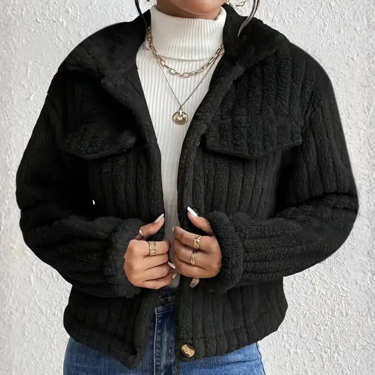 MunaWear - Women's Coats & Jackets - Maeve – Cozy Women's Teddy Coat With Relaxed Fit For Spring And Autumn - Black / 4XL