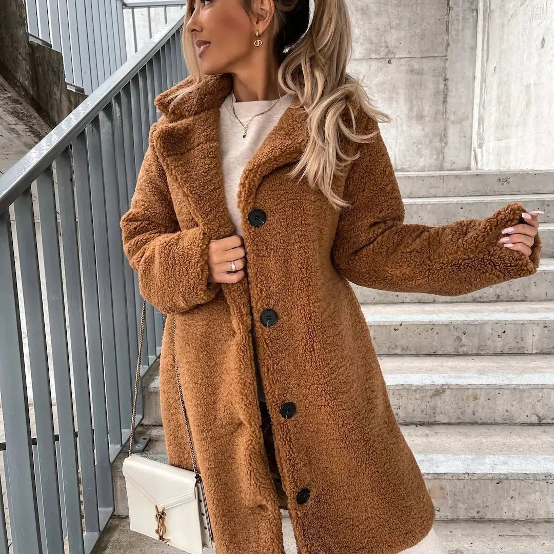 Sevia– Cozy Women's Teddy Coat With Modern Cut For Winter Adventures- Brown