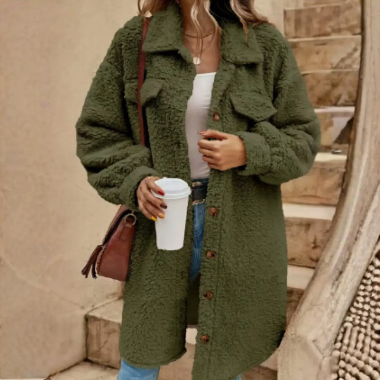 MunaWear - Women's Coats & Jackets - Sova – Cozy Women's Teddy Coat With Long Cut For Winter Outings - Army Green / 5XL