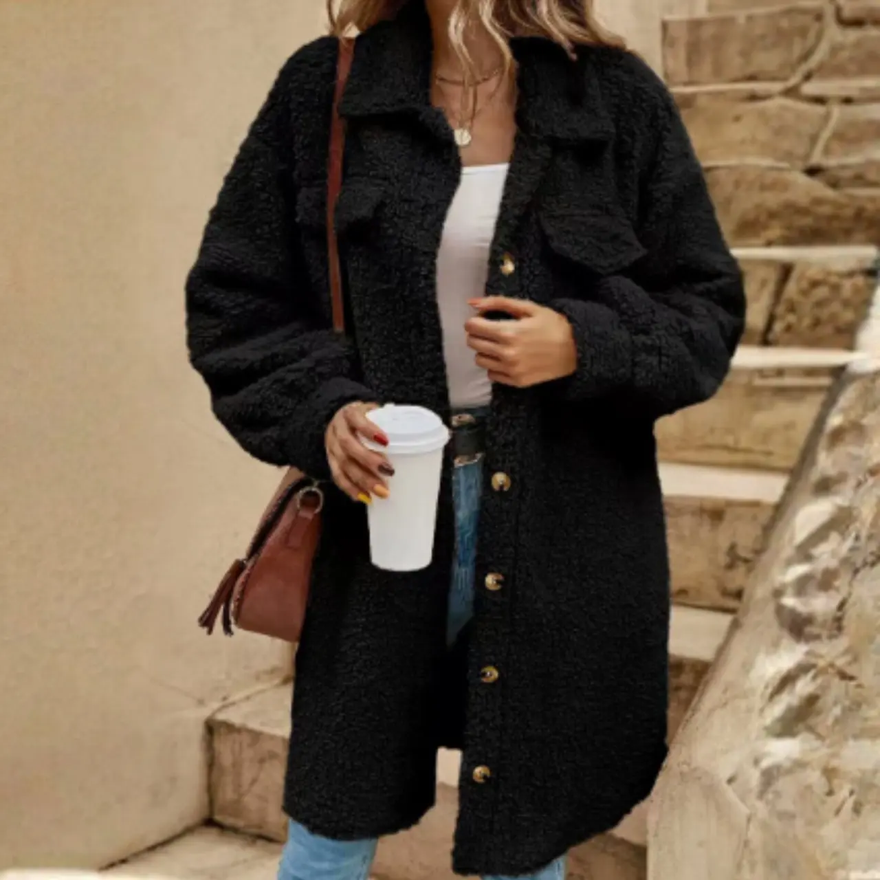 MunaWear - Women's Coats & Jackets - Sova – Cozy Women's Teddy Coat With Long Cut For Winter Outings - Black / 5XL