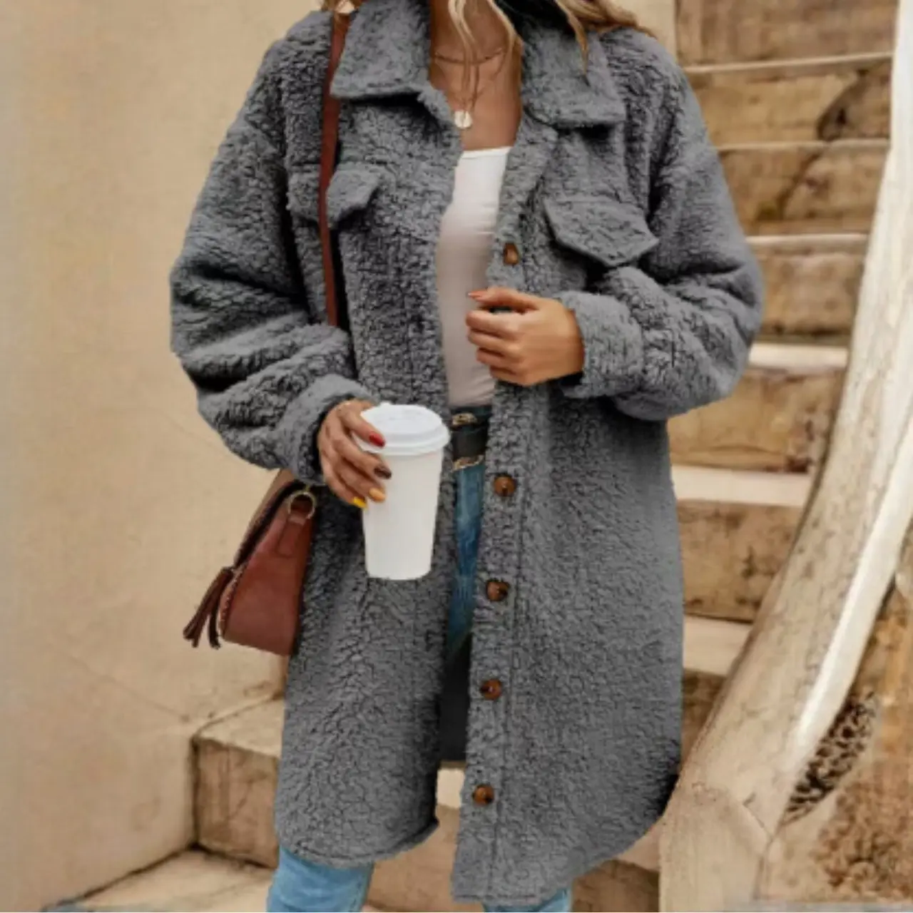 MunaWear - Women's Coats & Jackets - Sova – Cozy Women's Teddy Coat With Long Cut For Winter Outings - Gray / 5XL