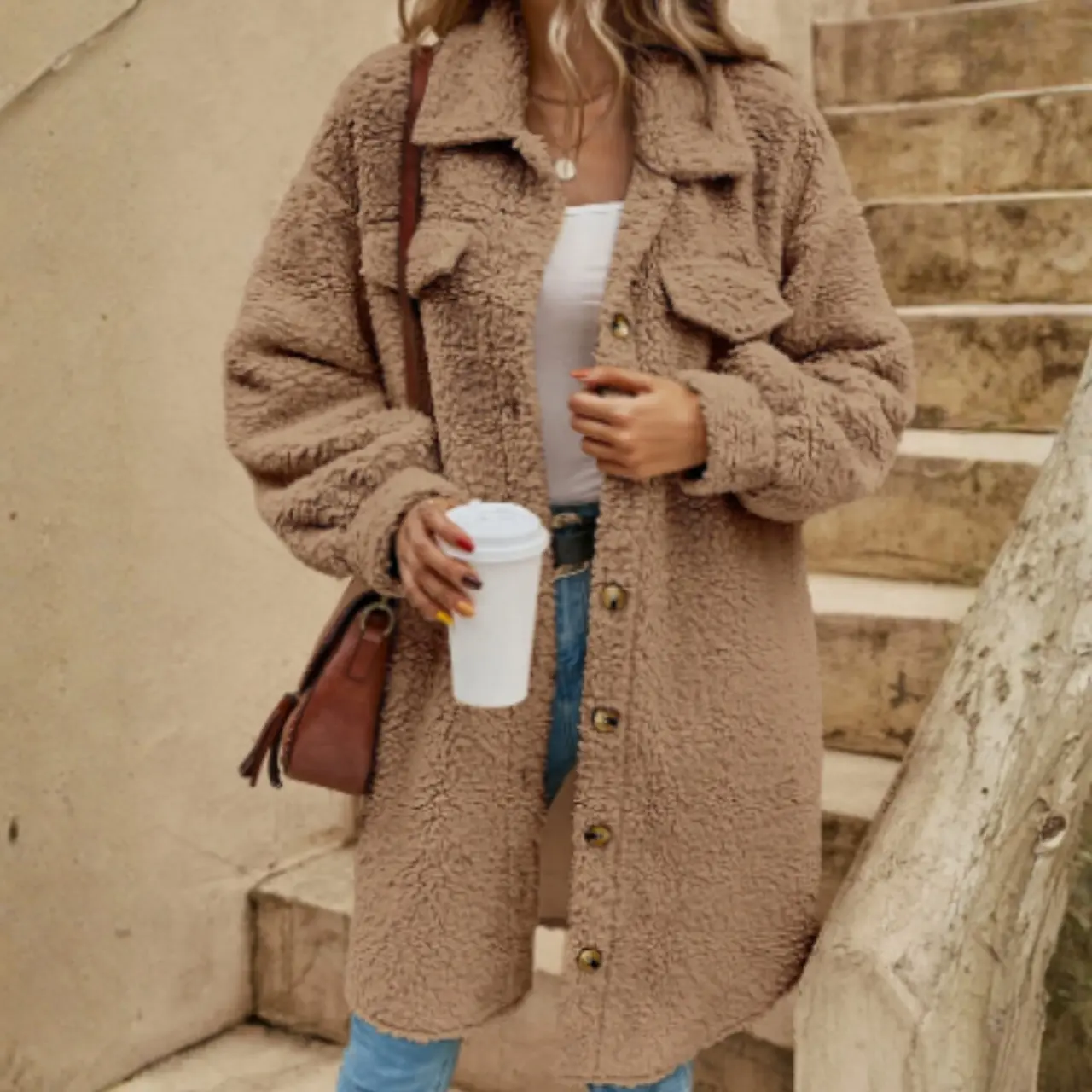 MunaWear - Women's Coats & Jackets - Sova – Cozy Women's Teddy Coat With Long Cut For Winter Outings - Khaki / 5XL