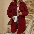 MunaWear - Women's Coats & Jackets - Sova – Cozy Women's Teddy Coat With Long Cut For Winter Outings - Wine Red / 5XL
