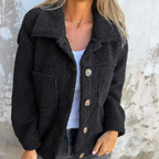 Valea – Cozy Women's Teddy Coat With Lapel Collar For Casual Autumn Days- Black