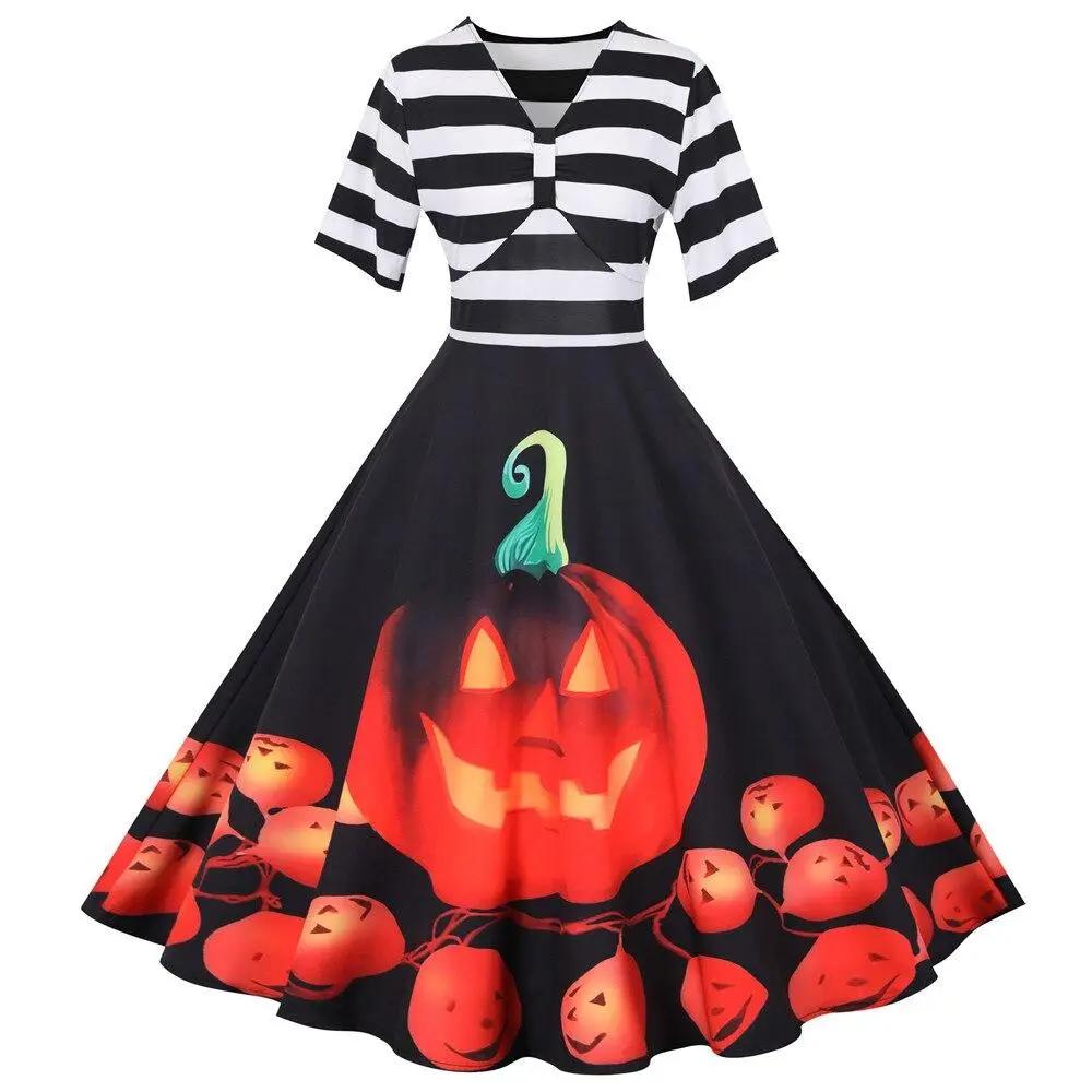 Liora - Vintage Midi Halloween Costume Dress With Pumpkin Motif For Festive Celebrations 0