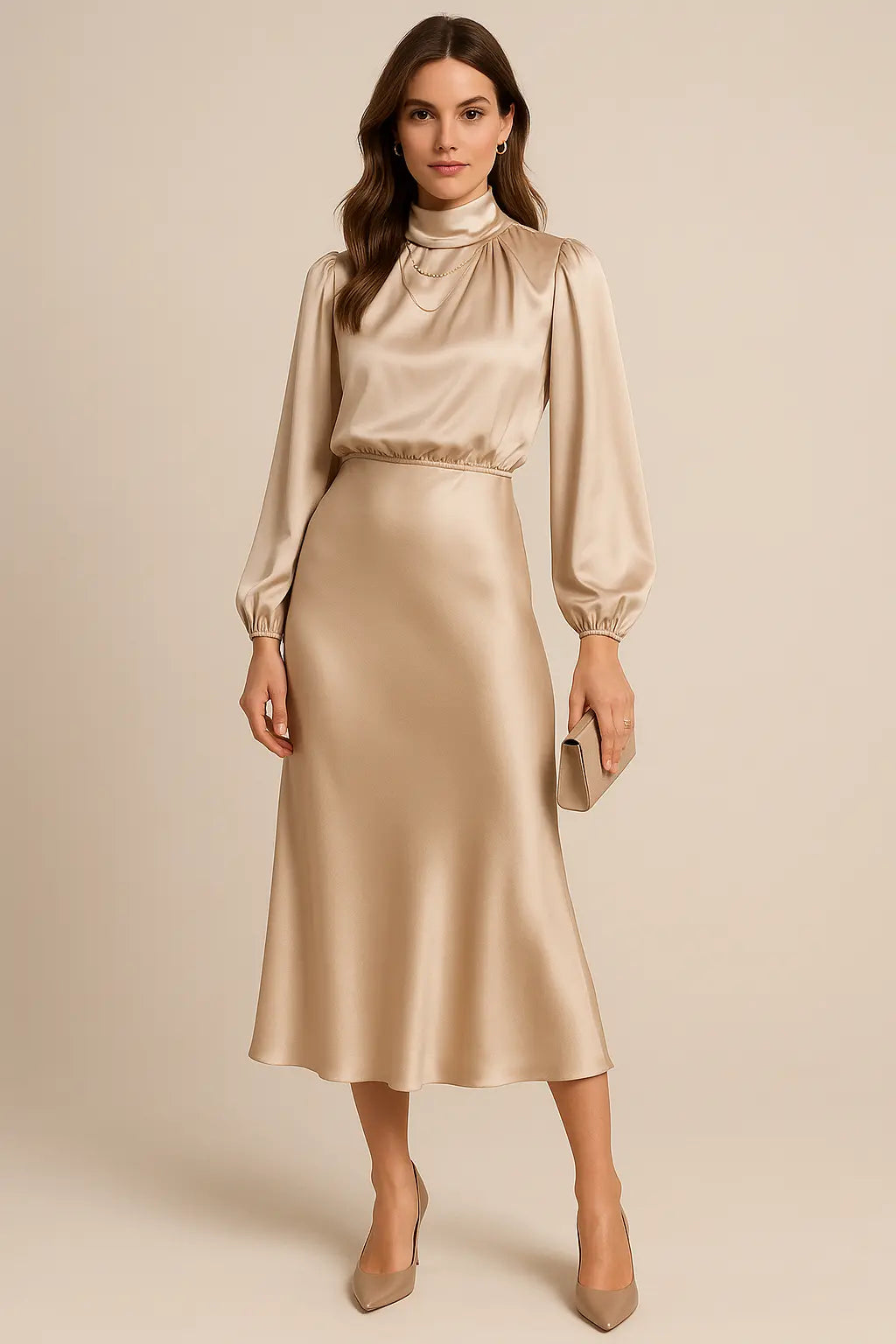 MunaWear - Women's Dresses - Liora - Elegant White Midi Dress With Long Sleeves For Casual And Formal Occasions - 