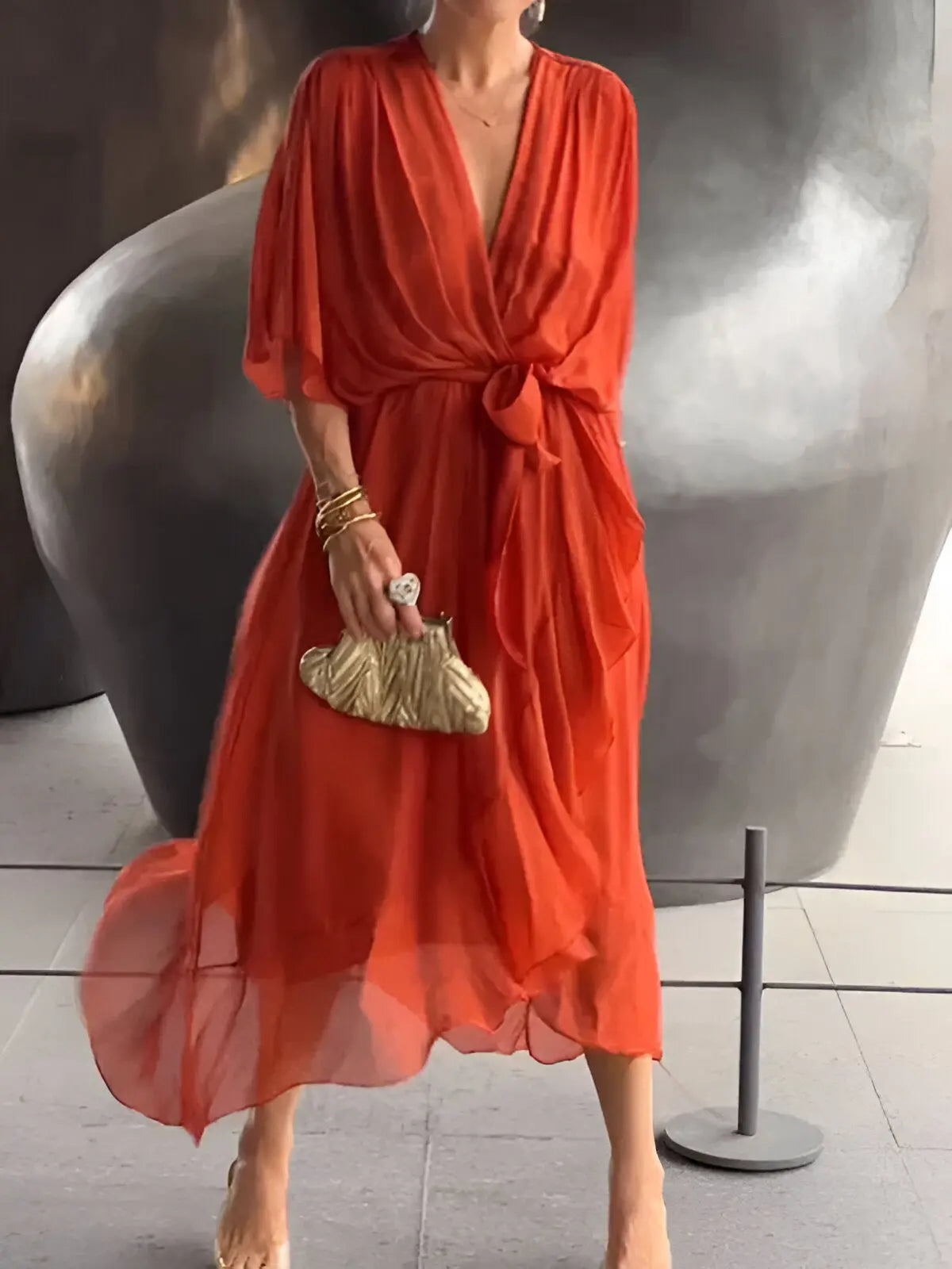 MunaWear - Women's Dresses - Liora - Elegant Women's Chiffon Midi Dress With Flattering Flowing Silhouette For Casual And Formal Occasions - Orange / 3XL