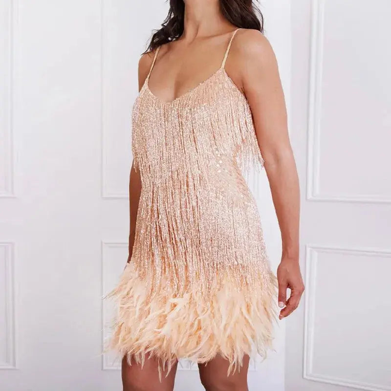 MunaWear - Women's Dresses - Liora - Elegant Women's Cocktail Dress With Fringe Feathers For Formal Events - Beige / 2XL