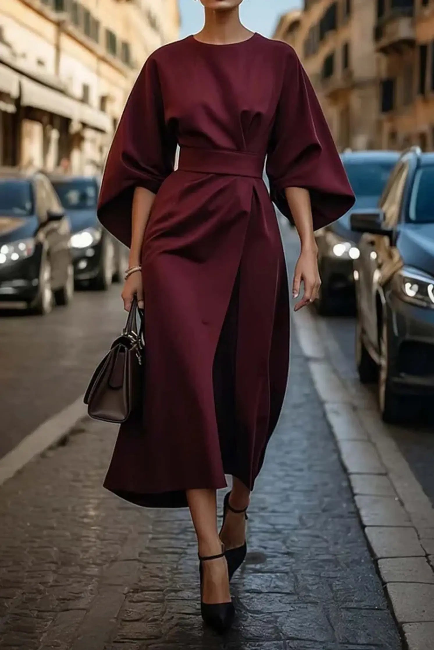 MunaWear - Women's Dresses - Liora - Elegant Women's Dress With Lantern Sleeves For Formal Occasions - Burgundy / 3XL