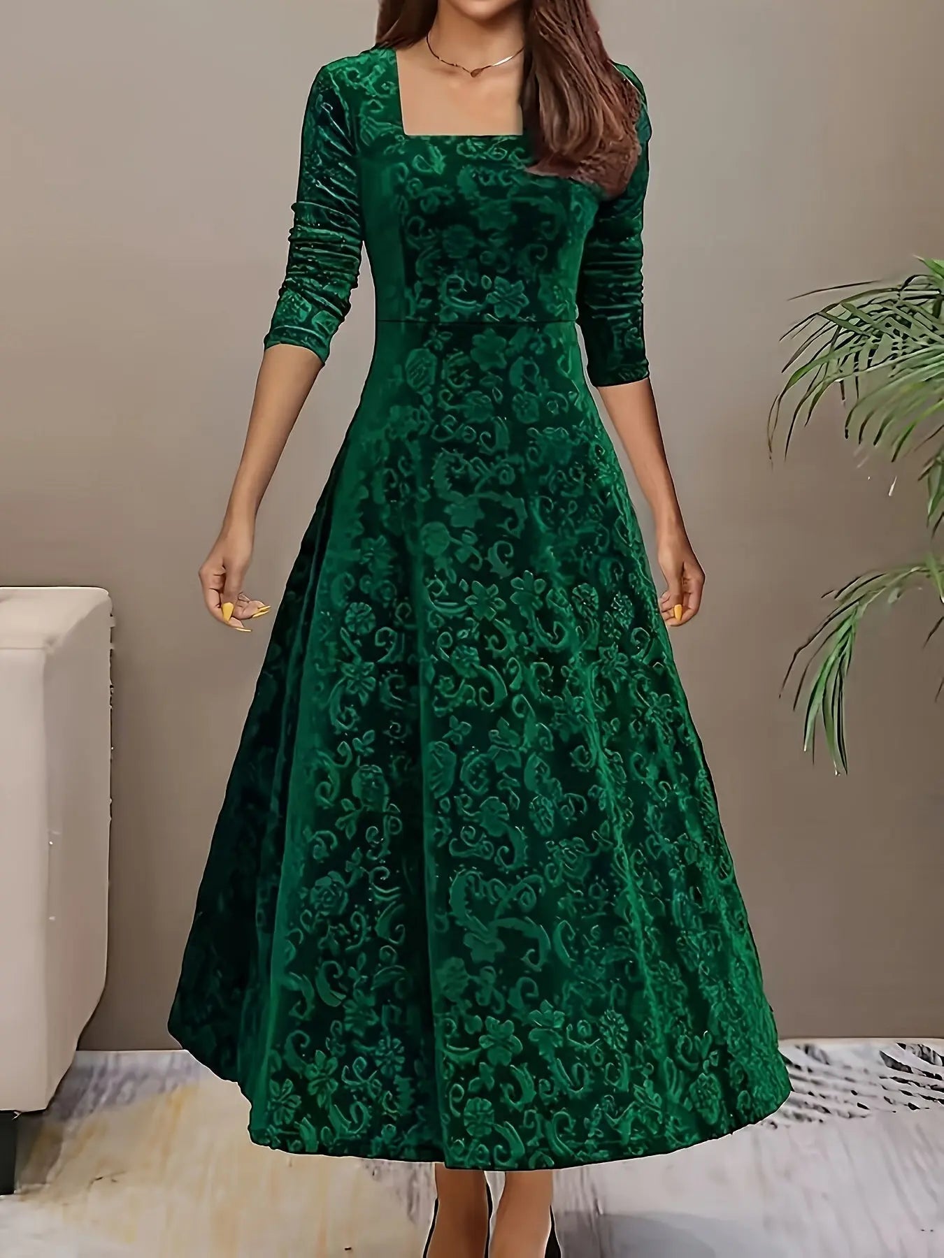 MunaWear - Women's Dresses - Liora - Elegant Women's Midi Dress With Floral Velvet Design For Cocktail Events - 