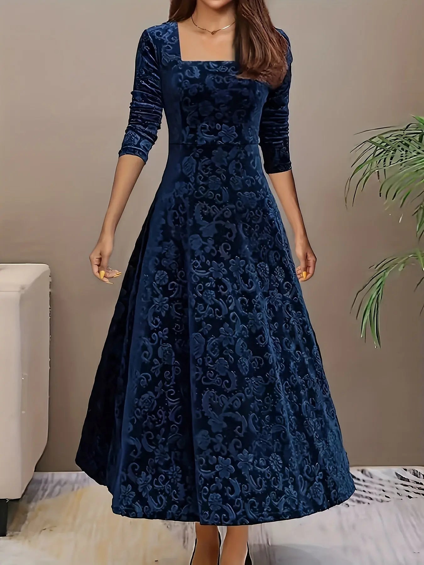 MunaWear - Women's Dresses - Liora - Elegant Women's Midi Dress With Floral Velvet Design For Cocktail Events - Blue / 5XL