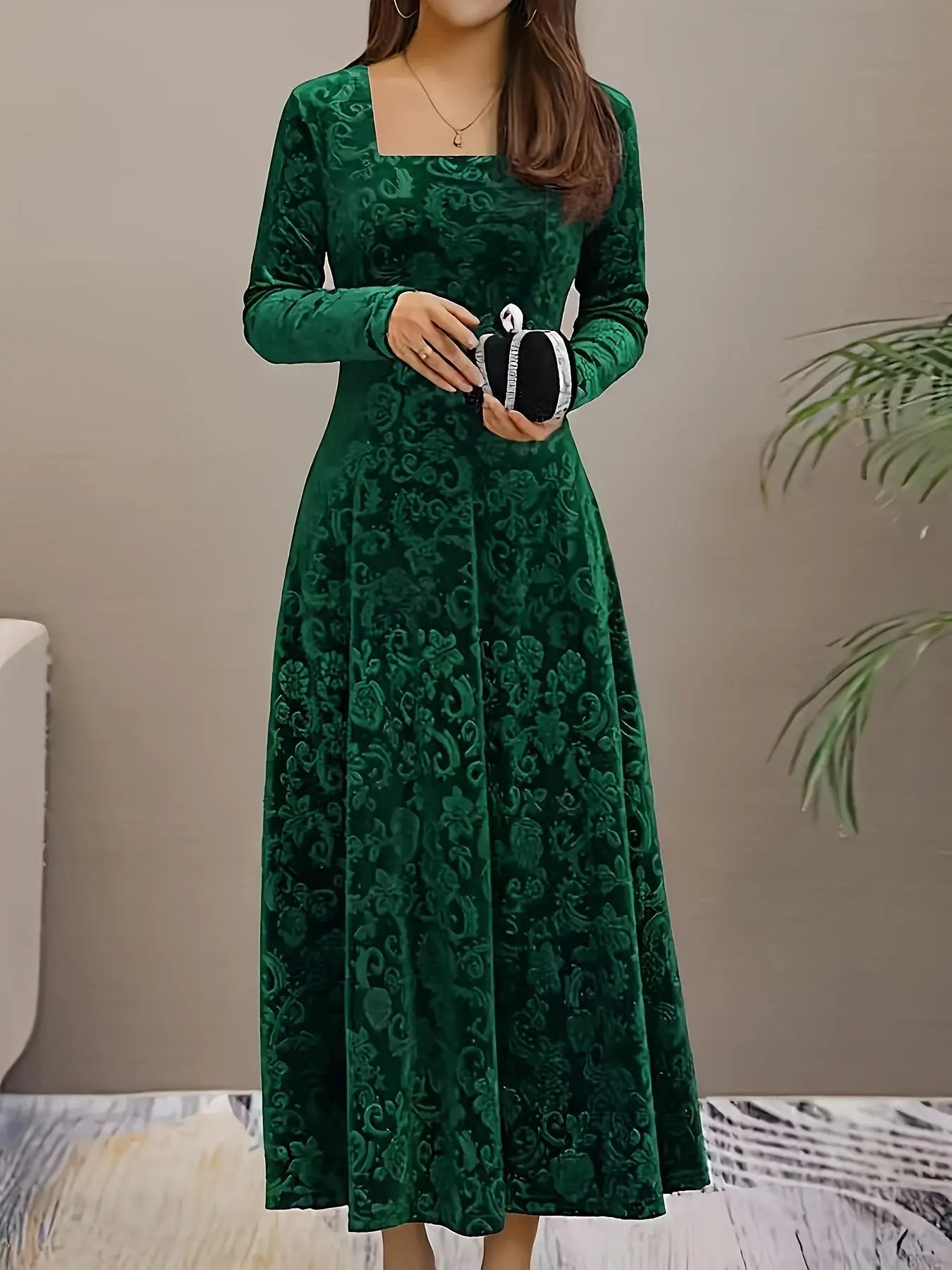 MunaWear - Women's Dresses - Liora - Elegant Women's Midi Dress With Floral Velvet Design For Cocktail Events - Green / 5XL