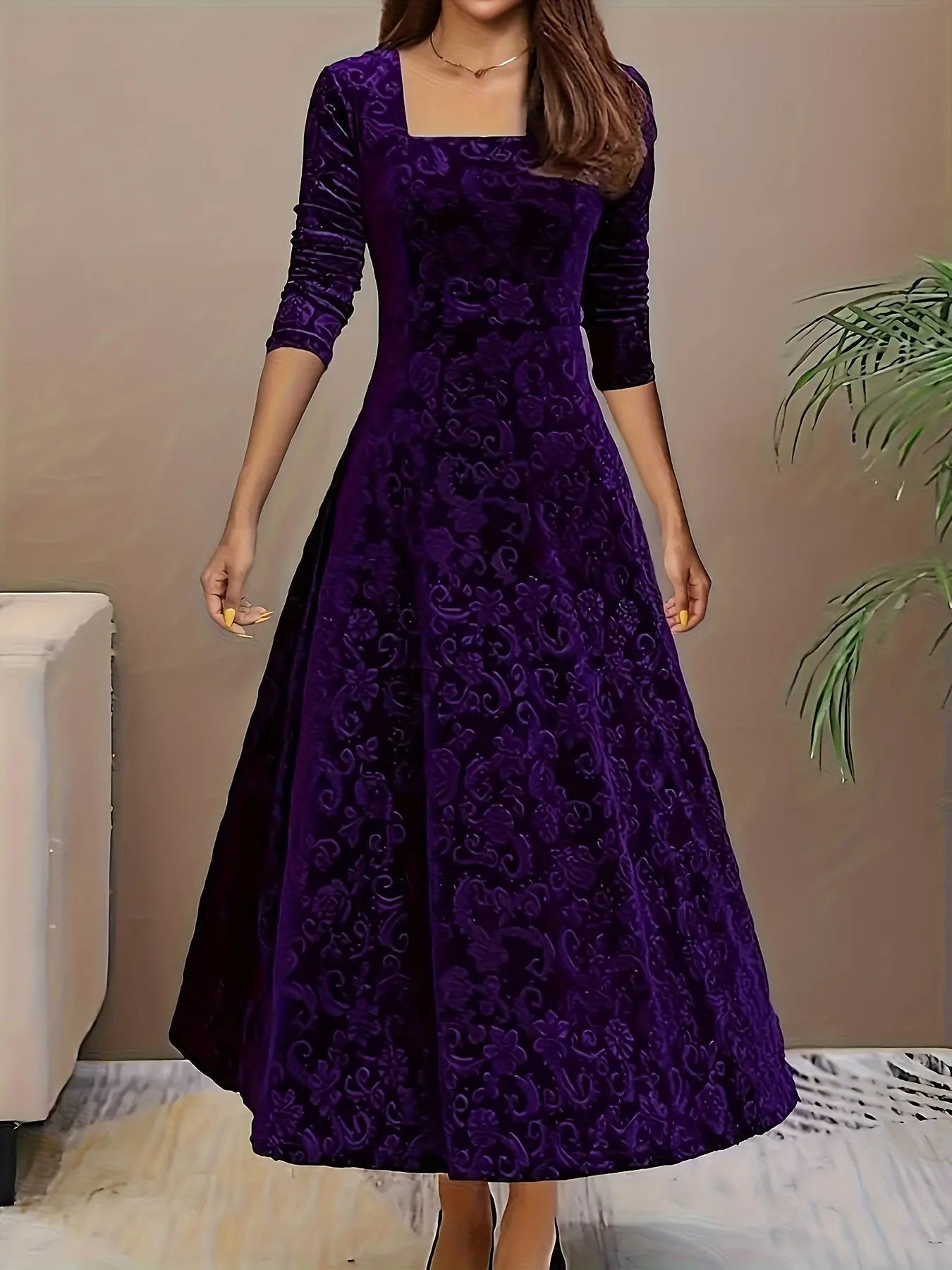 MunaWear - Women's Dresses - Liora - Elegant Women's Midi Dress With Floral Velvet Design For Cocktail Events - Purple / 5XL