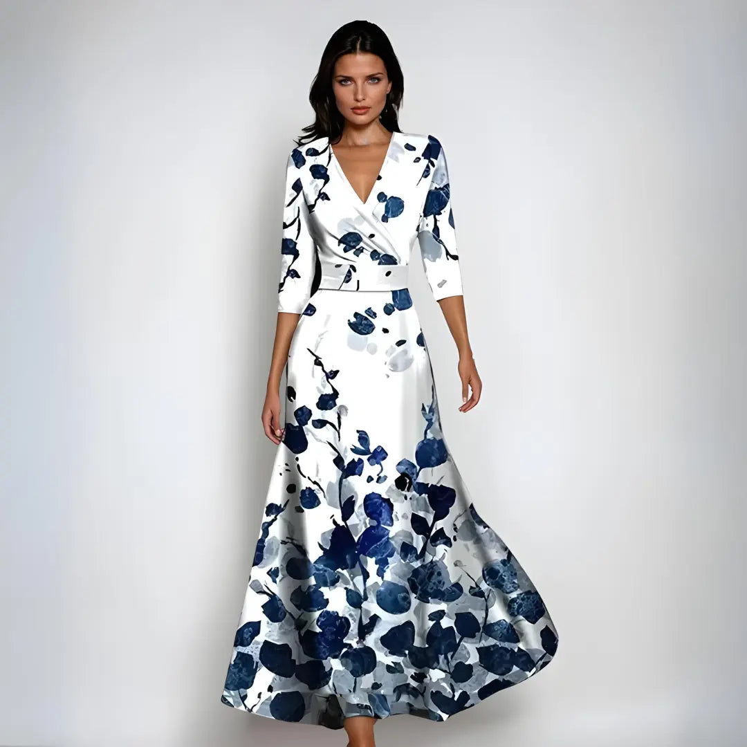 MunaWear - Women’s Dresses - Liora - Floral Maxi Dress With Flattering Silhouette For Summer Parties - White/Blue / 3XL