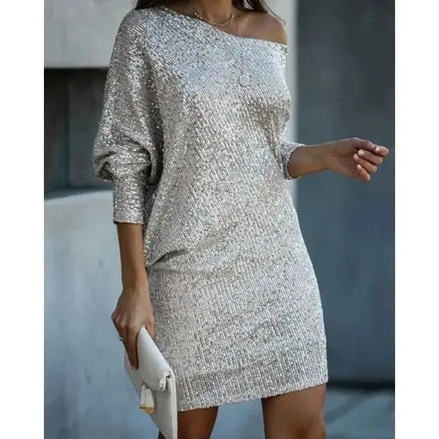 MunaWear - Women's Dresses - Liora - Shimmering Women's Mini Dress With One Shoulder Design For Cocktail Parties - silver / XXL