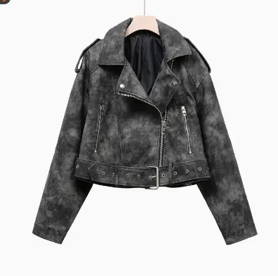 MunaWear - Women's Jackets & Coats - Liora - Chic Cropped Biker Jacket Women in Leather for Casual Outings and Everyday Wear - Black/Camo / XL