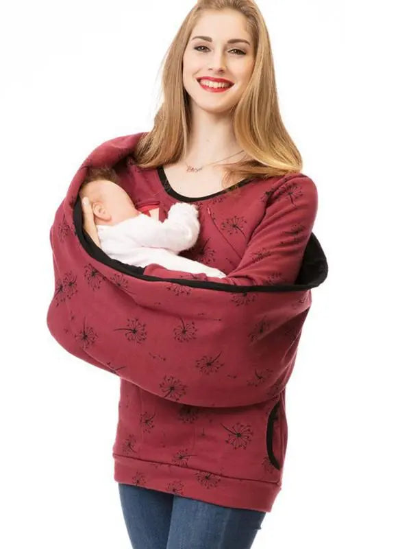 MunaWear - Women's Maternity Clothing - Liora - Floral Maternity Sweatshirt With Pockets For Everyday Comfort - Burgundy / XL