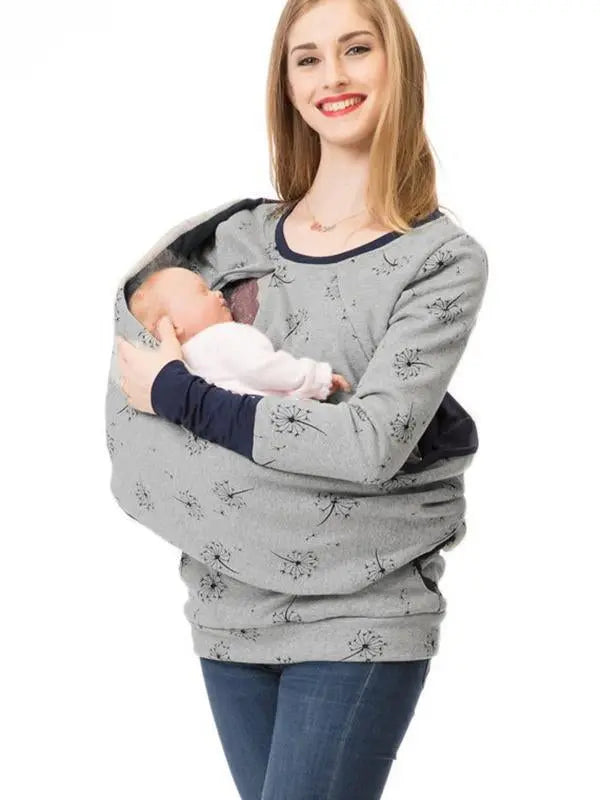 MunaWear - Women's Maternity Clothing - Liora - Floral Maternity Sweatshirt With Pockets For Everyday Comfort - Dark Gray / XL