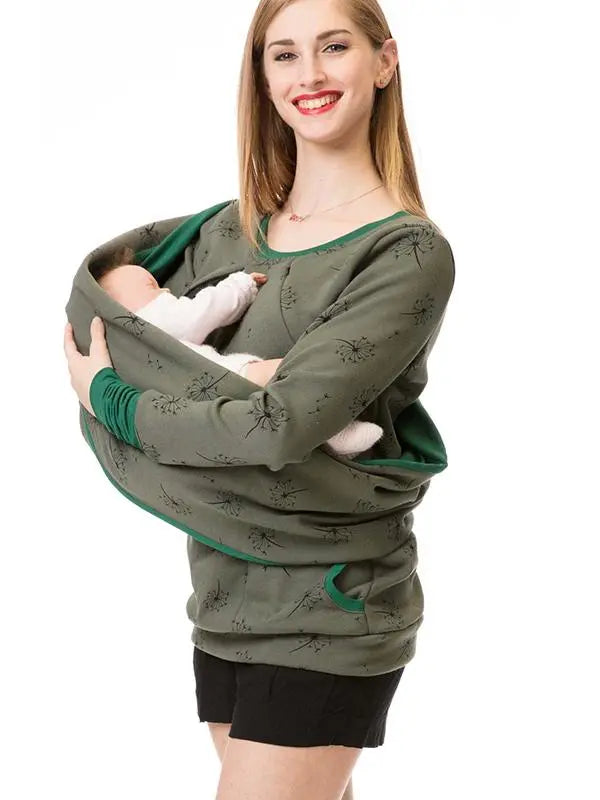 MunaWear - Women's Maternity Clothing - Liora - Floral Maternity Sweatshirt With Pockets For Everyday Comfort - Military Green / XL