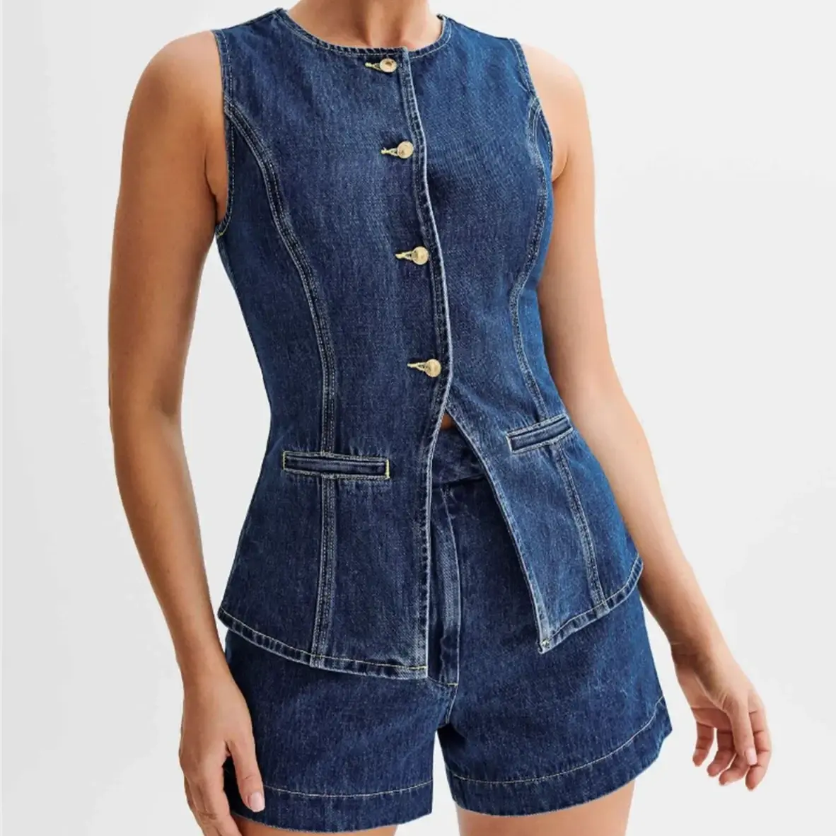 Liora - Tailored Denim Two-Piece Set With Sleeveless Top For Summer Outings 6