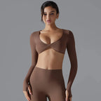 MunaWear  Women's Sports Bras  Mia – High Support Long Sleeve Sports Bra with Push-Up Design for High-Impact Workouts  Brown-XL