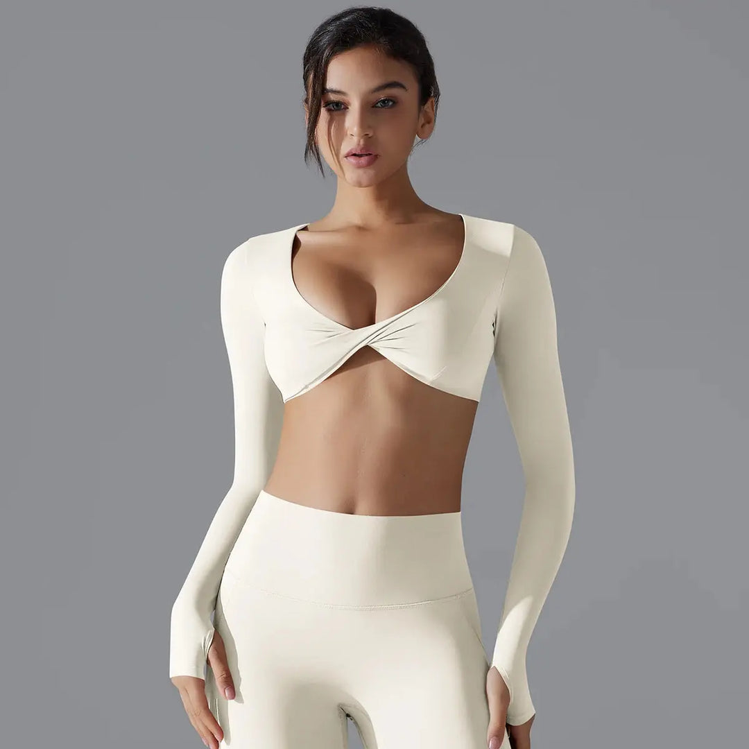 MunaWear  Women's Sports Bras  Mia – High Support Long Sleeve Sports Bra with Push-Up Design for High-Impact Workouts  Light-Ivory-XL