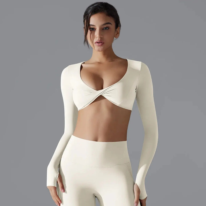 MunaWear  Women's Sports Bras  Mia – High Support Long Sleeve Sports Bra with Push-Up Design for High-Impact Workouts  Light-Ivory-XL