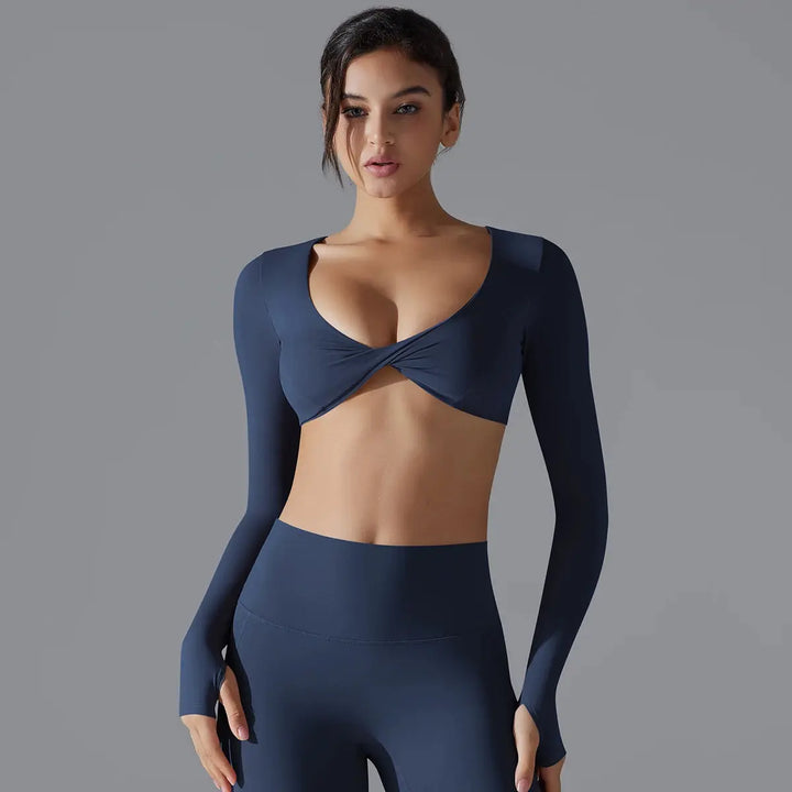 MunaWear  Women's Sports Bras  Mia – High Support Long Sleeve Sports Bra with Push-Up Design for High-Impact Workouts  Navy-L