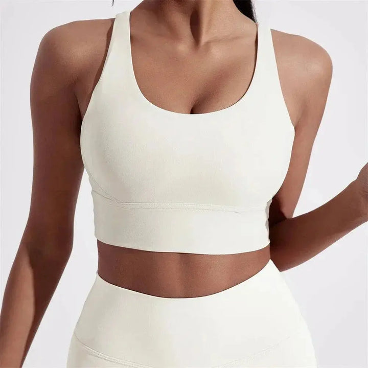 MunaWear  Women’s Sports Bras  Sophie – Elegant Adjustable Back Sports Bra for Yoga and Fitness with Sturdy Support  Cream-L