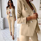MunaWear - Women's Suits - Aella – Tailored Women's Suit With Double-Breasted Design For Business And Formal Occasions - Beige / XL