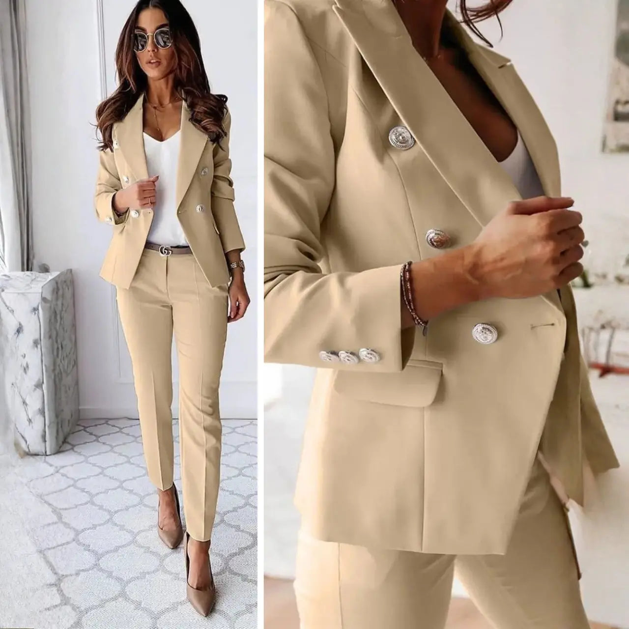 MunaWear - Women's Suits - Aella – Tailored Women's Suit With Double-Breasted Design For Business And Formal Occasions - Beige / XL