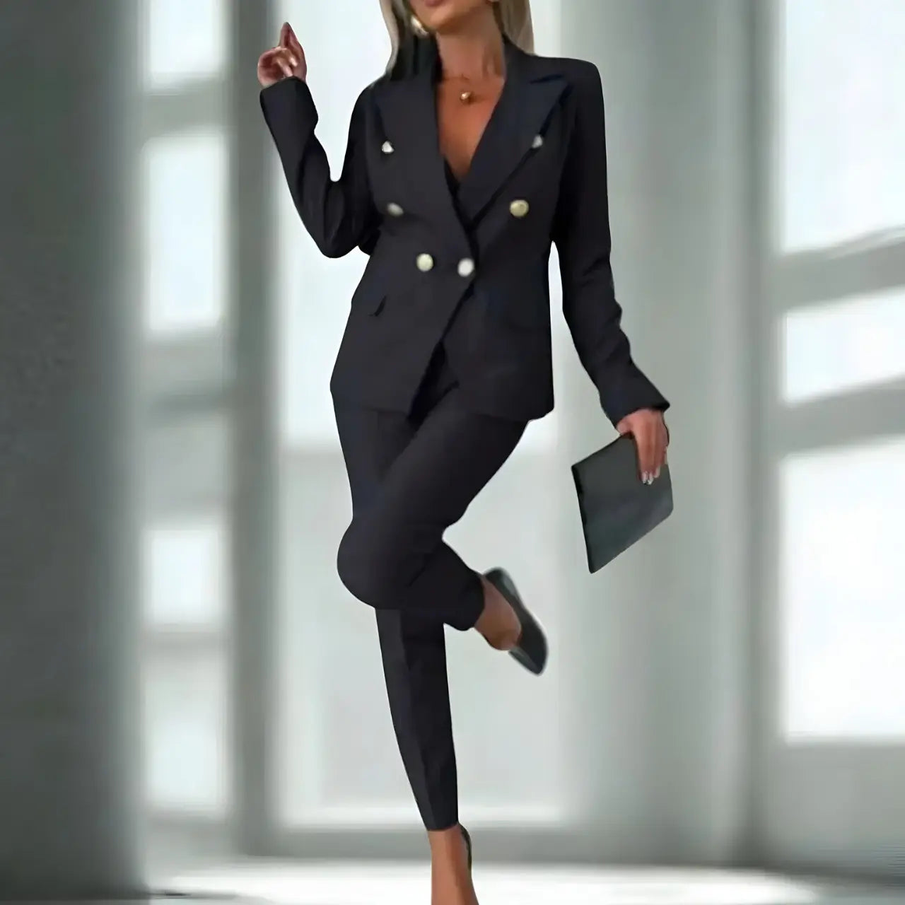 MunaWear - Women's Suits - Aella – Tailored Women's Suit With Double-Breasted Design For Business And Formal Occasions - Black / 2XL