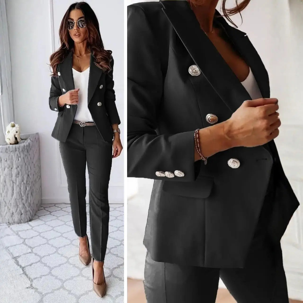 MunaWear - Women's Suits - Aella – Tailored Women's Suit With Double-Breasted Design For Business And Formal Occasions - Black / XL