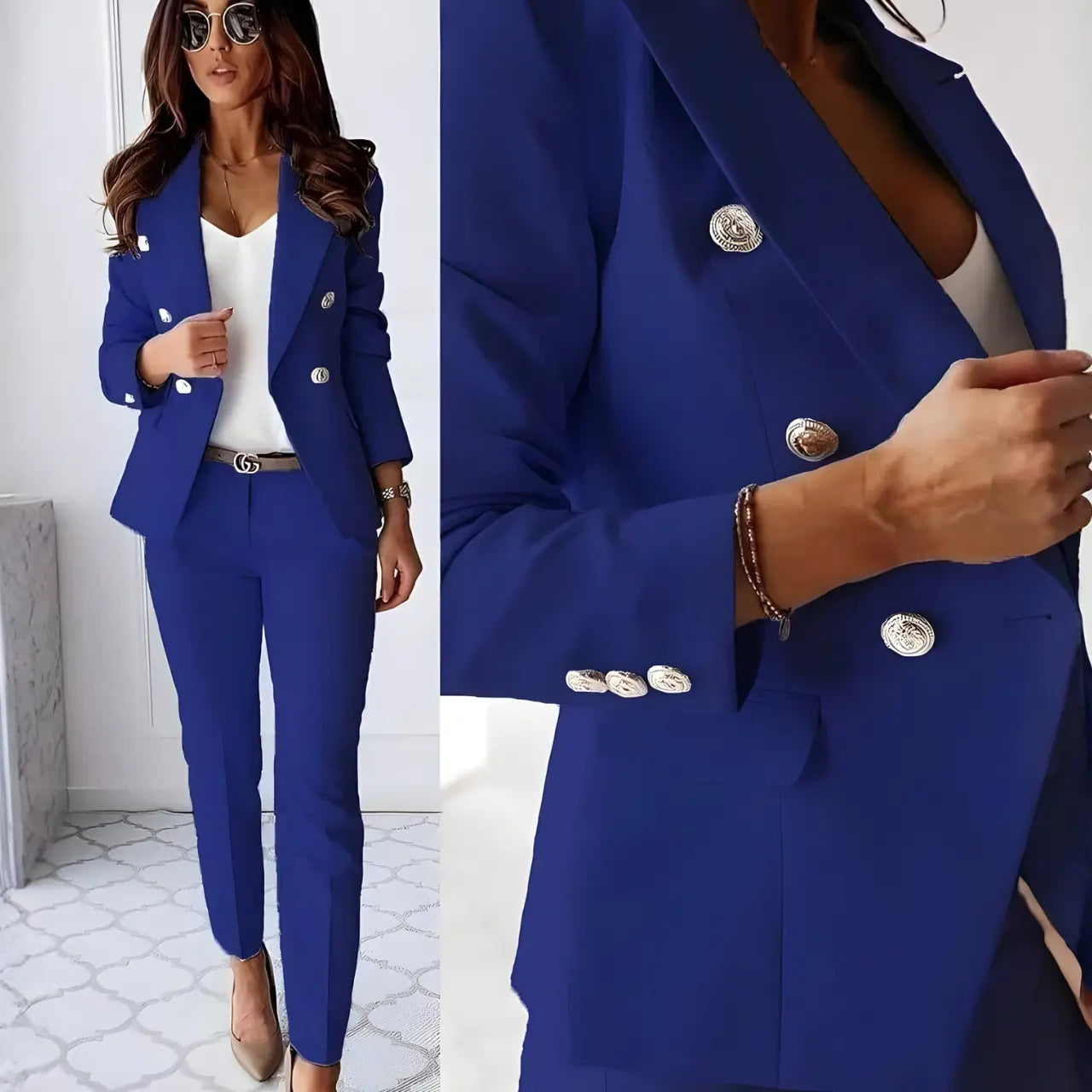 MunaWear - Women's Suits - Aella – Tailored Women's Suit With Double-Breasted Design For Business And Formal Occasions - Blue / XL