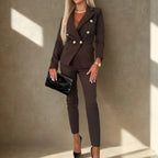 MunaWear - Women's Suits - Aella – Tailored Women's Suit With Double-Breasted Design For Business And Formal Occasions - Brown / 2XL