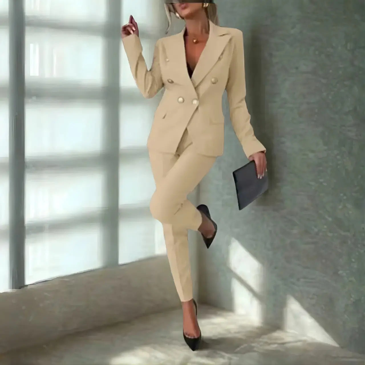 MunaWear - Women's Suits - Aella – Tailored Women's Suit With Double-Breasted Design For Business And Formal Occasions - Khaki / 2XL