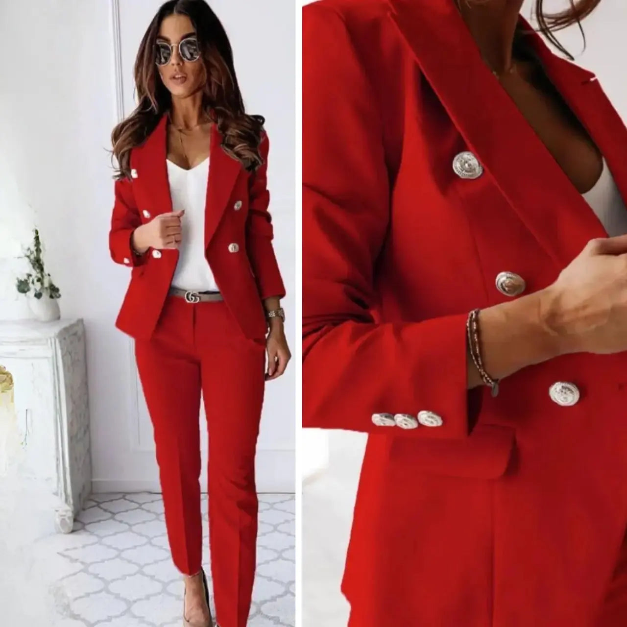 MunaWear - Women's Suits - Aella – Tailored Women's Suit With Double-Breasted Design For Business And Formal Occasions - Red / XL