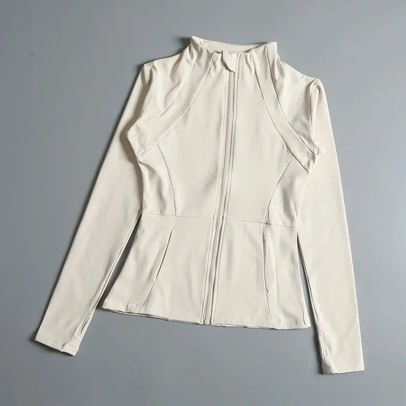 MunaWear  Yoga Apparel  Mia – High-Elastic Loose-Fit Long Sleeve Yoga Top for Women with Stand-Up Collar  Ivory-S
