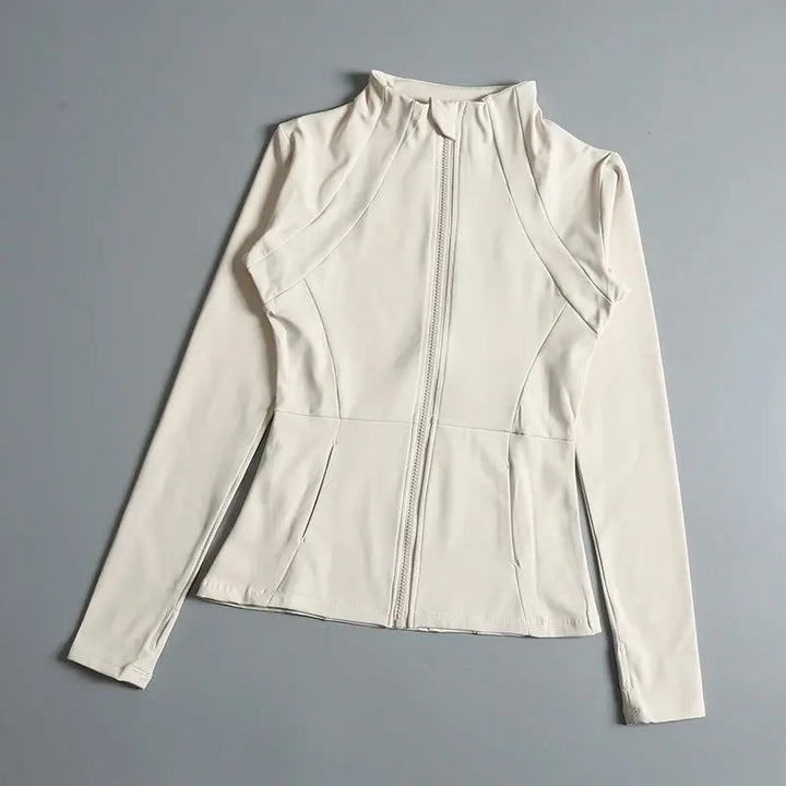 MunaWear  Yoga Apparel  Mia – High-Elastic Loose-Fit Long Sleeve Yoga Top for Women with Stand-Up Collar  Ivory-S