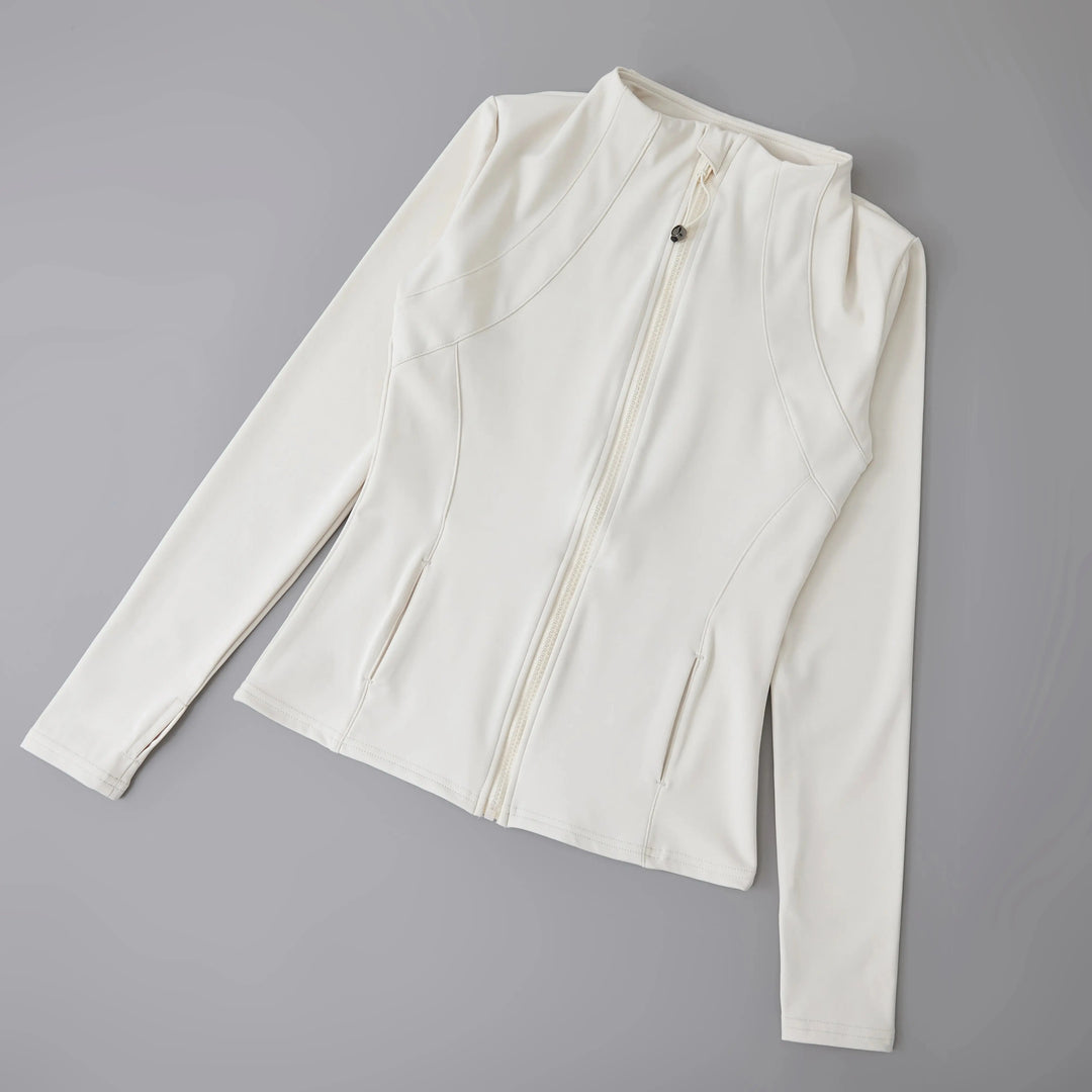 MunaWear  Yoga Apparel  Mia – High-Elastic Loose-Fit Long Sleeve Yoga Top for Women with Stand-Up Collar  Ivory-white-Upgrades-L
