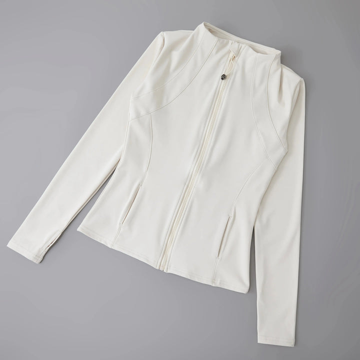 MunaWear  Yoga Apparel  Mia – High-Elastic Loose-Fit Long Sleeve Yoga Top for Women with Stand-Up Collar  Ivory-white-Upgrades-L