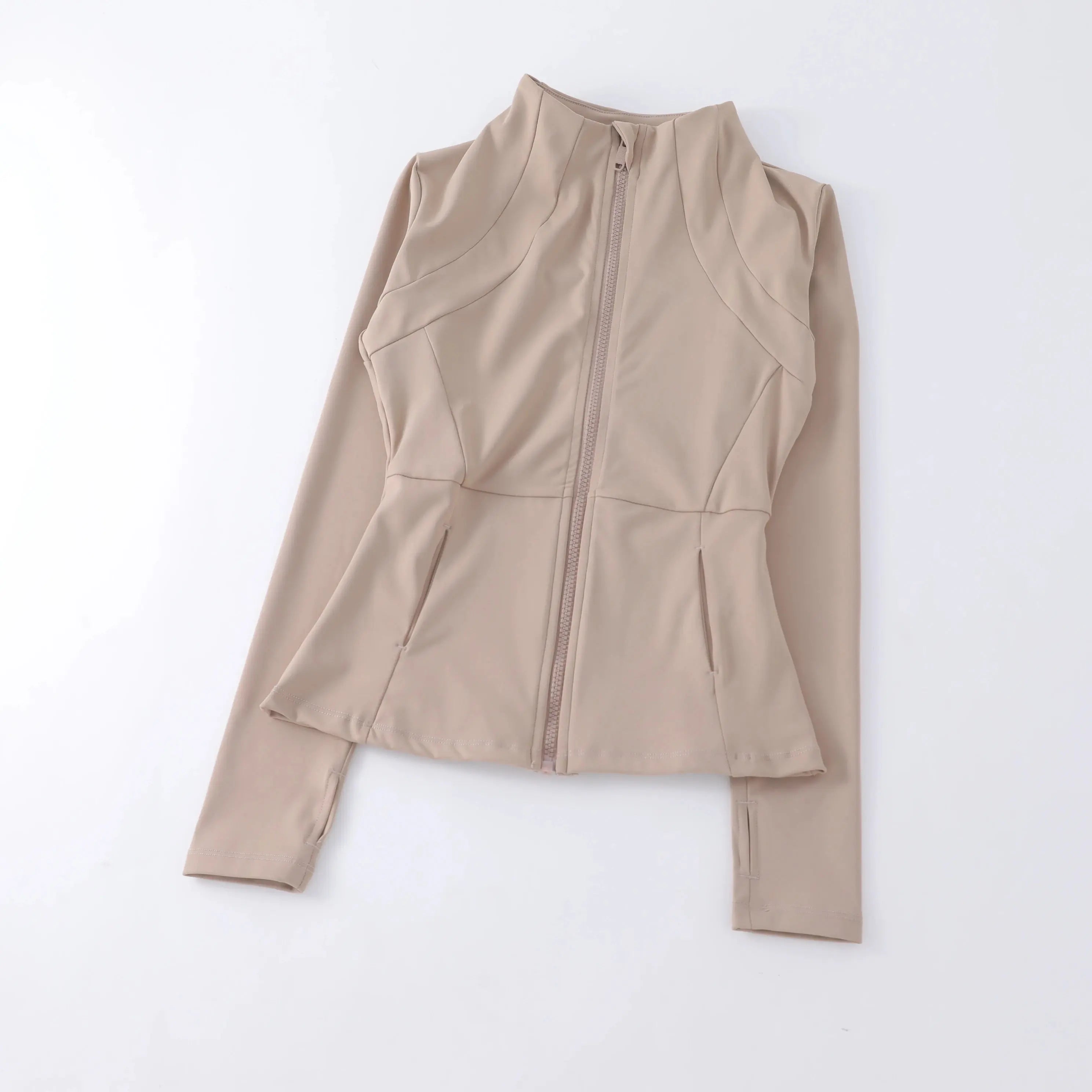 MunaWear  Yoga Apparel  Mia – High-Elastic Loose-Fit Long Sleeve Yoga Top for Women with Stand-Up Collar  Khaki-M